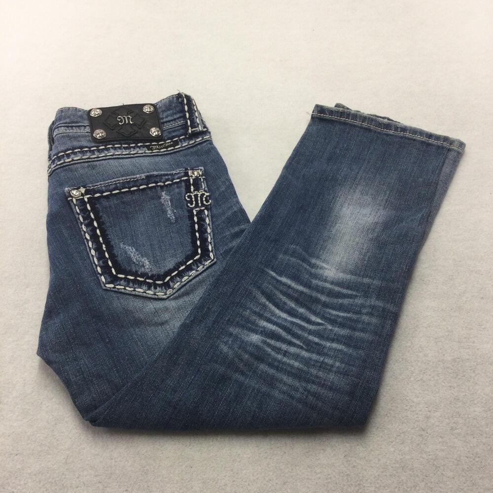 Miss Me Boyfriend Jeans Womens 26 Blue Med Wash Distressed Rhinestone 26x24